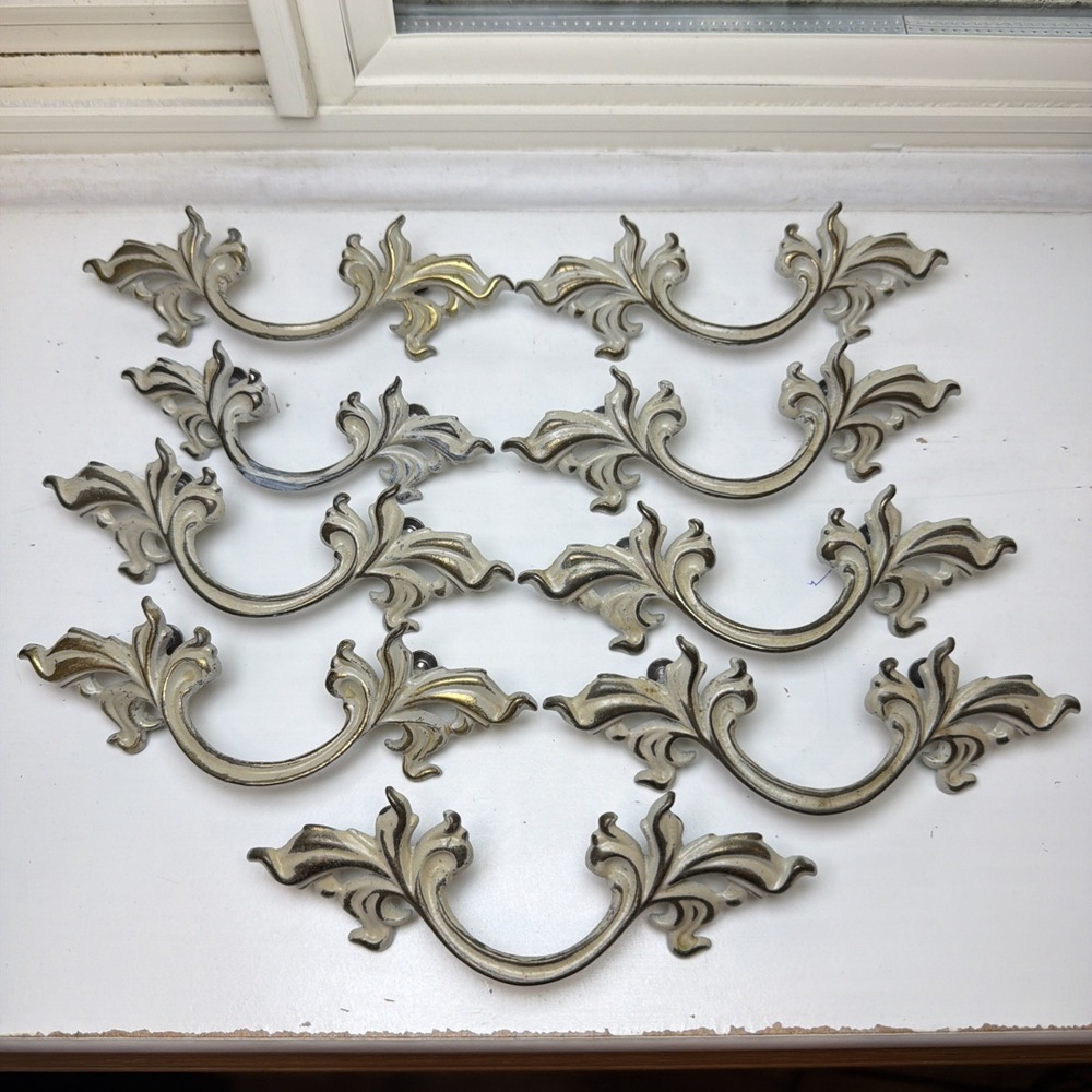 Vintage French Provincial Ornate Leaf Drawer Pulls 9 In A White & Brass Finish